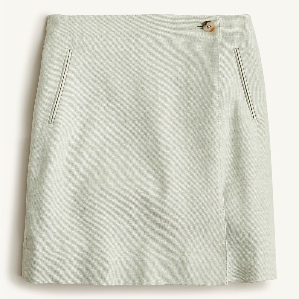 J Crew Linen Blend Wrap Skirt Mini Sage Green Lined Size 4 Preppy Coastal